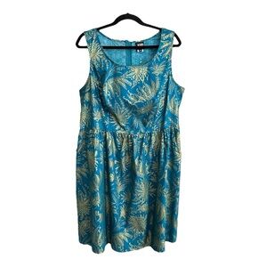 RETROLICIOUS Sleeveless Cotton Teal and Gold Dress Summer Botanical Pockets 2X